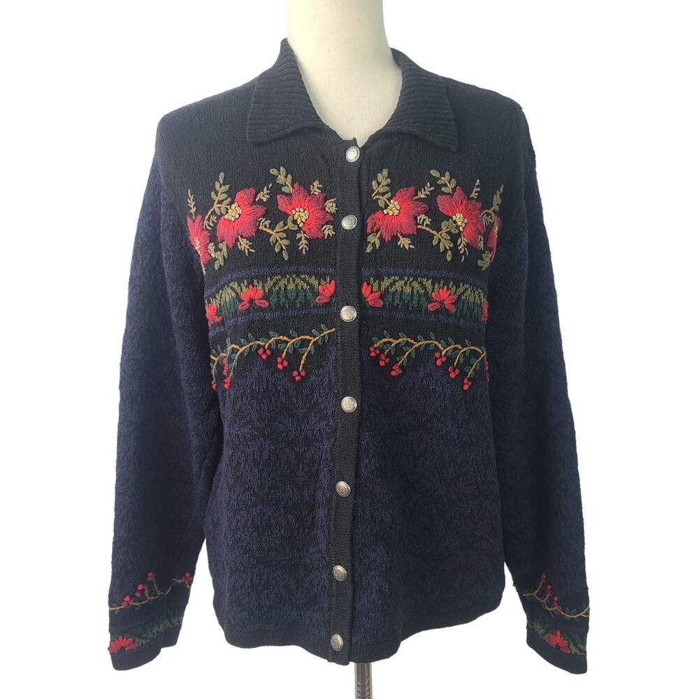 Talbots Black Red Purple Embroidered Cotton Silk Cardigan Sweater Large